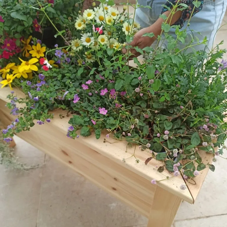 אדנית עץ קלאסית למרפסת שתולה בפרחים צהובים וסגולים פורחים