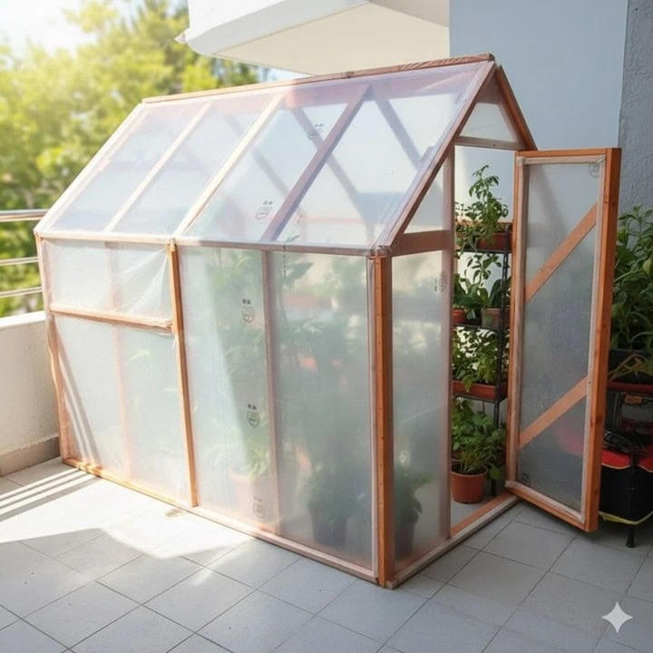 חממה ביתית מעץ עם דלת פתוחה וכיסוי שקוף מלאה בעציצים על מרפסת