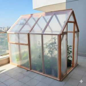 חממה ביתית מעץ עם כיסוי שקוף וצמחי עגבנייה, ניצבת על מרפסת
