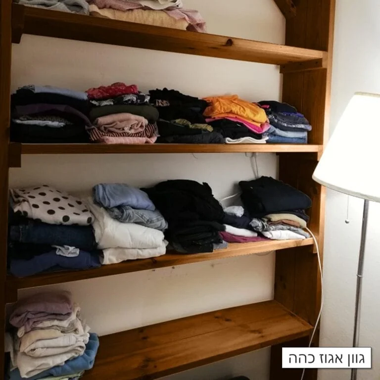 כוננית מדפים גדולה דגם שחר בגוון אגוז כהה עמוסה בבגדים מקופלים