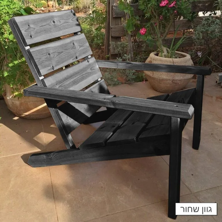 כסא נוח לגינה מעץ דגם "אדירונדק" בגוון שחור על מרצפות הגינה