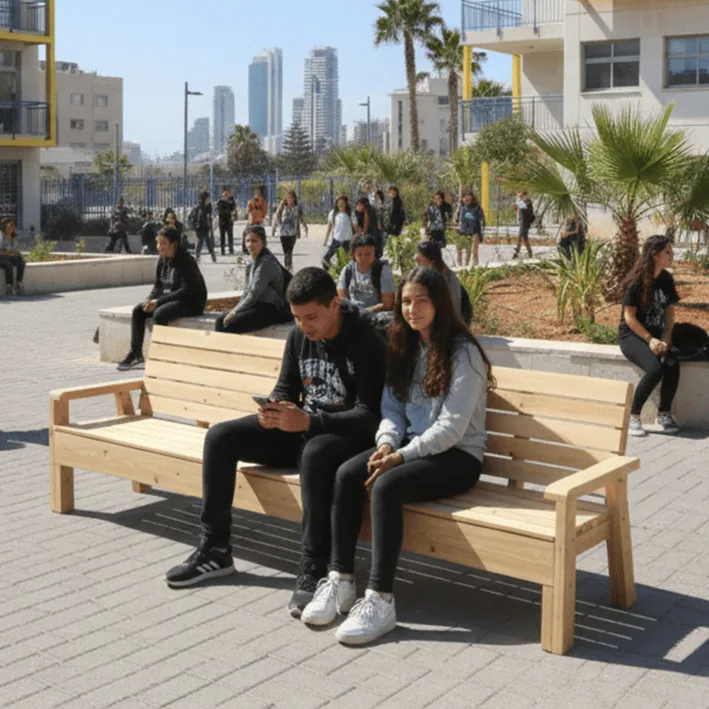 ספסל עץ גדול לגינה דגם ג'מבו עם נערים יושבים עליו בכיכר עירונית