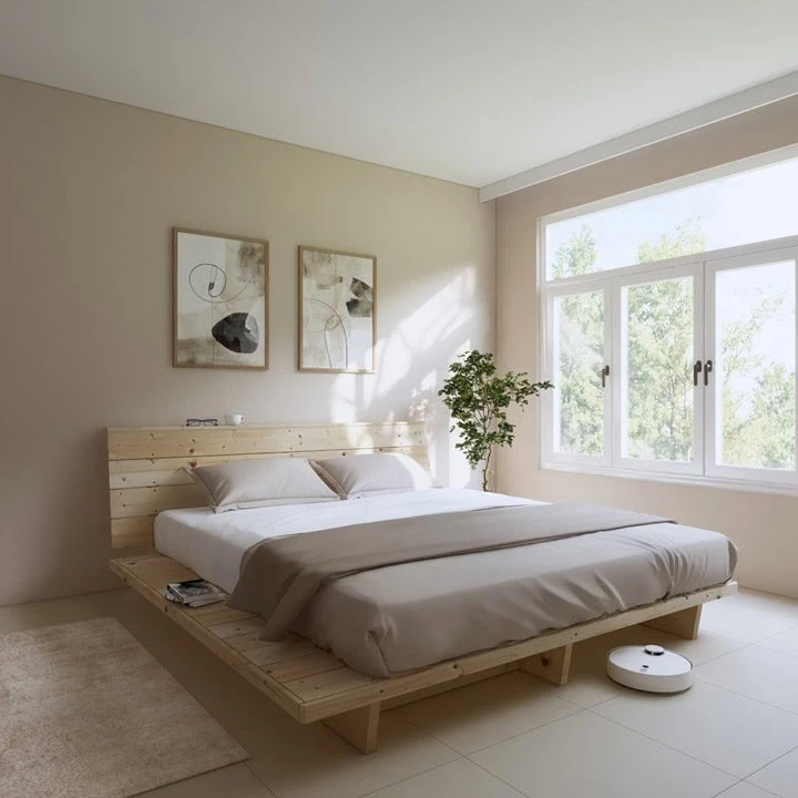 בסיס מיטת במה נמוכה מעץ אורן דגם קיוטו עם ראש מיטה בחדר שינה מואר