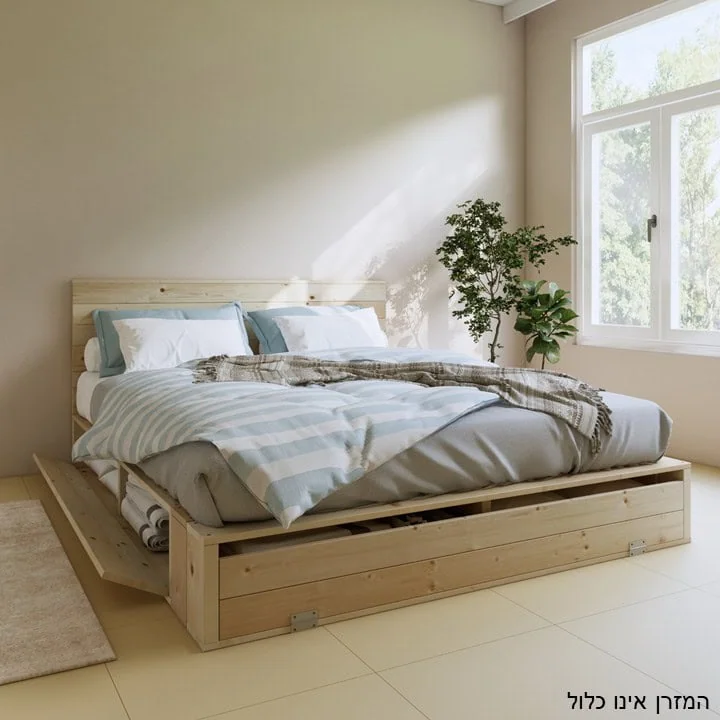 מיטת אחסון דגם טטאמי מעץ אורן מוצעת במצעים בחדר שינה, המזרן אינו כלול